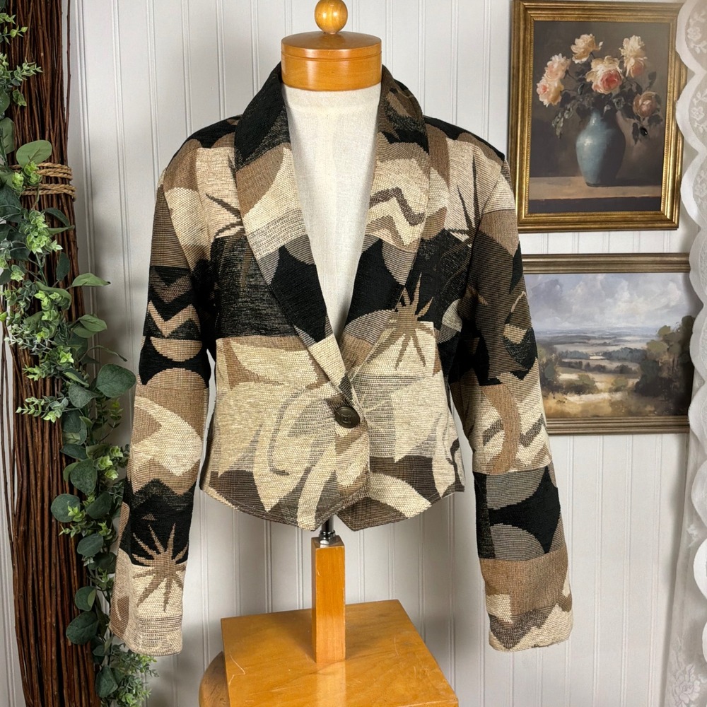 Expose Chenille Blazer Womens M Brown Abstract Geometric Jacket Vintage 90s